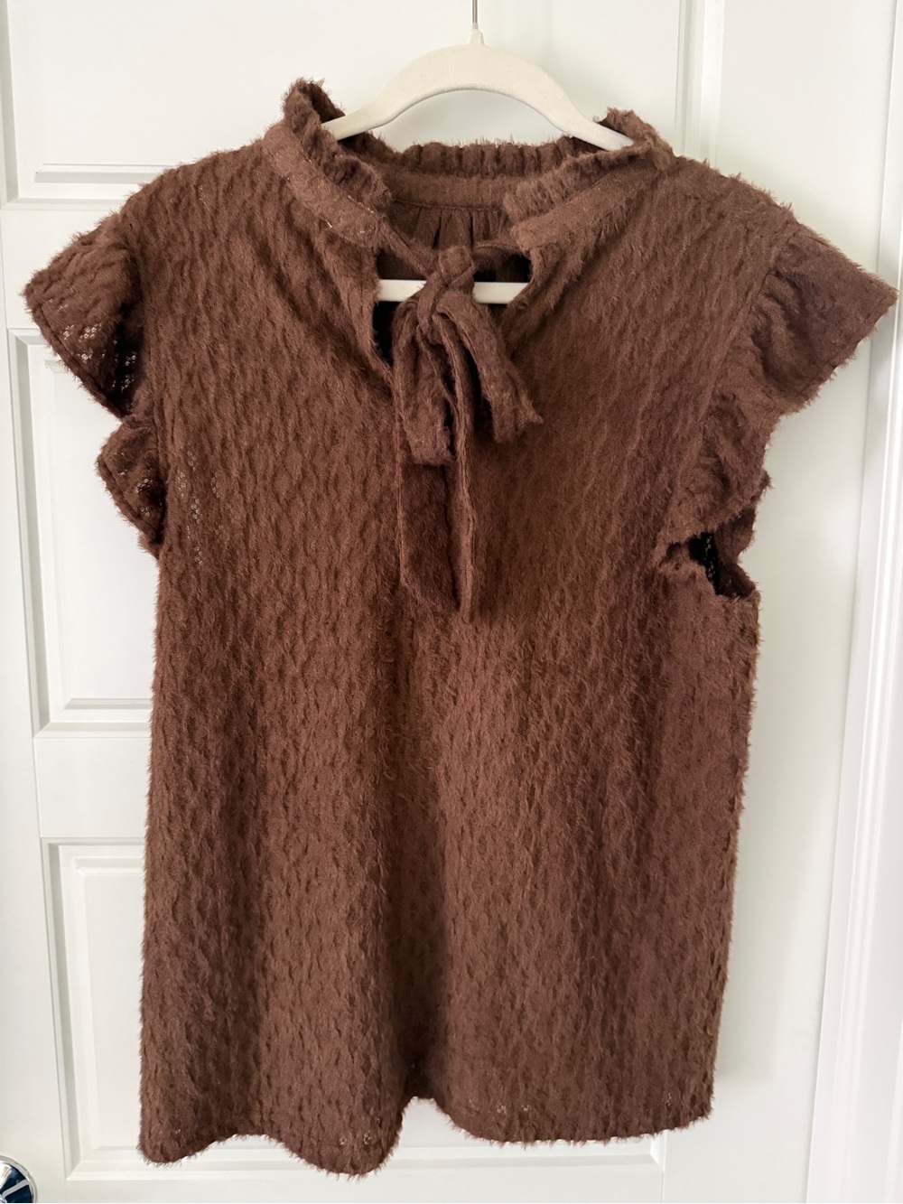 NWT VOY Brown Fuzzy Textured Flutter Sleeve Tie Neck Top Large
